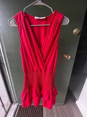 Amanda Uprichard Vibrant Red Surplice Mini Dress with Ruffle Hem